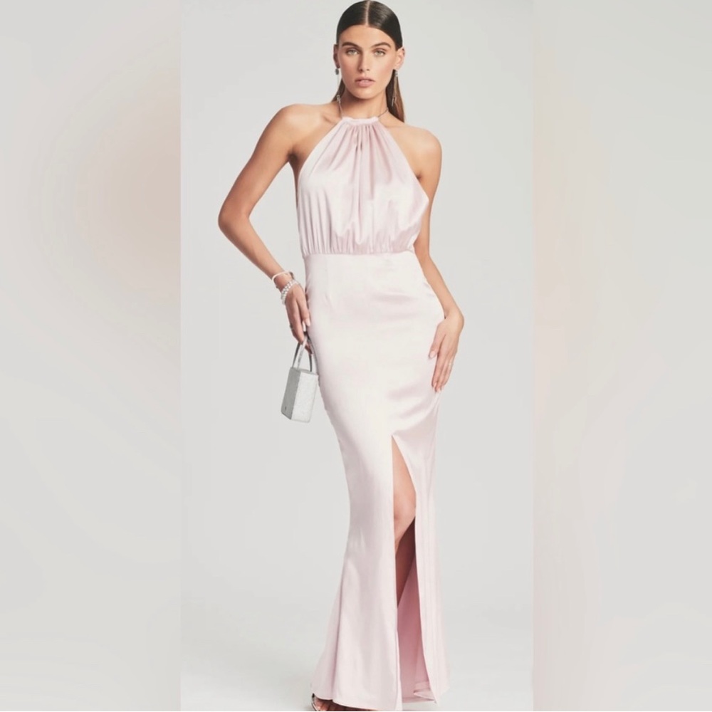 Retrofete light pink satin long dress.  Crystal strap